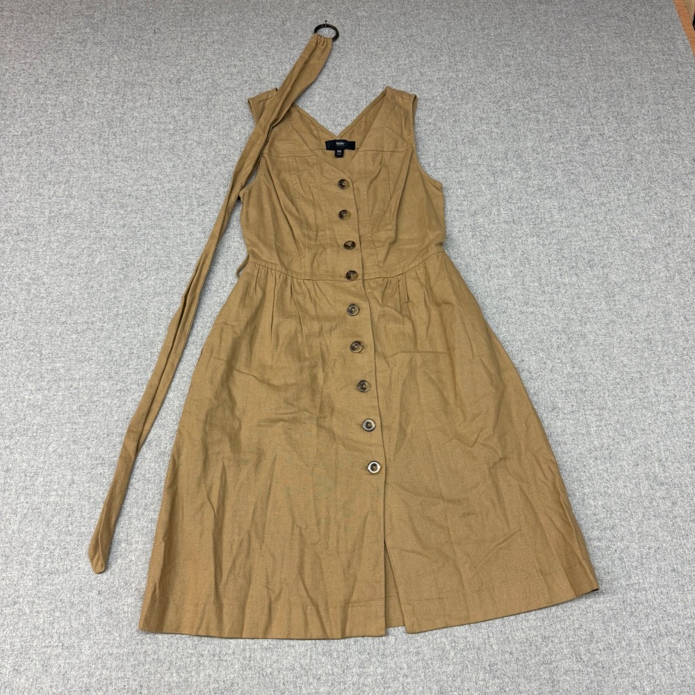 Mossimo | Button Front Midi Dress | XS | Tan Brown | Linen Blend Sleeveless Tie